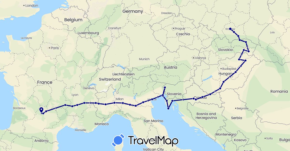 TravelMap itinerary: driving in France, Croatia, Hungary, Italy, Poland, Slovenia, Slovakia (Europe)